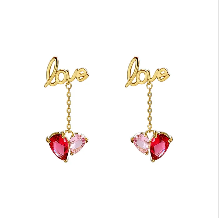 

LOVE peach heart love earrings female new tide simple temperament wild zircon high sense earrings