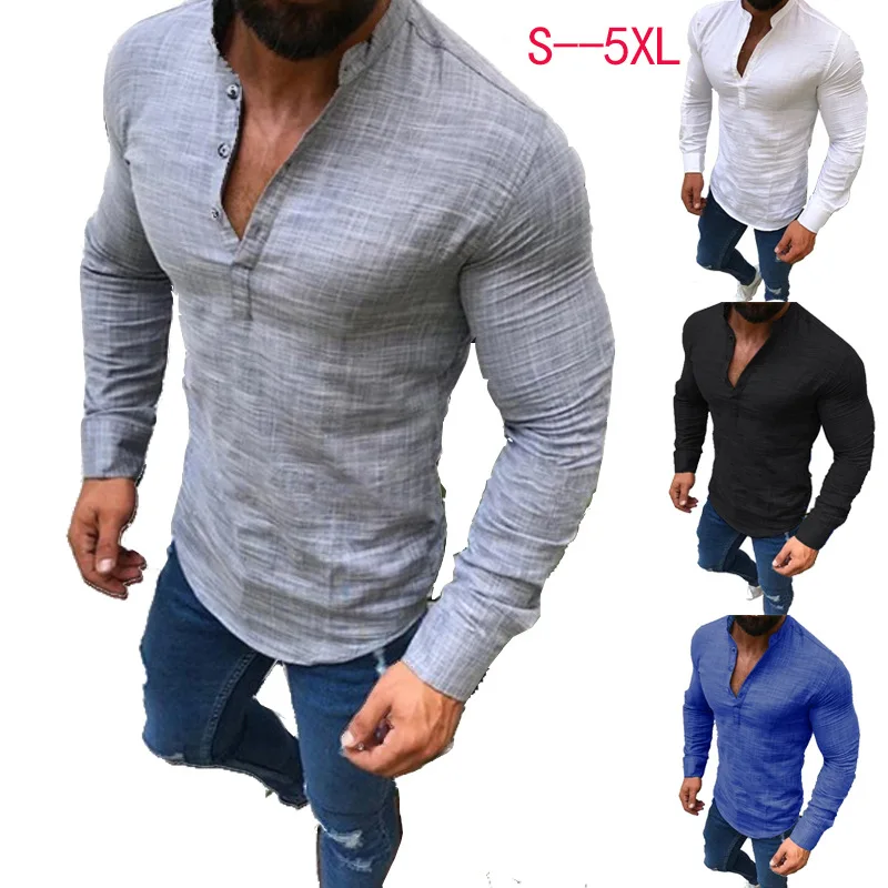 Мужская хлопковая футболка с длинным рукавом ZOGAA однотонная деловая V-образным