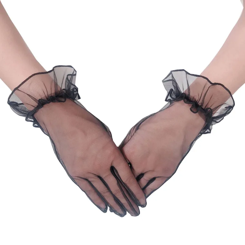 

1 Pair Women Short Tulle Gloves Stretchy Lace Nylon Lotus Leaf Sheers Flexible Dress Accessories Full Finger Party Gifts