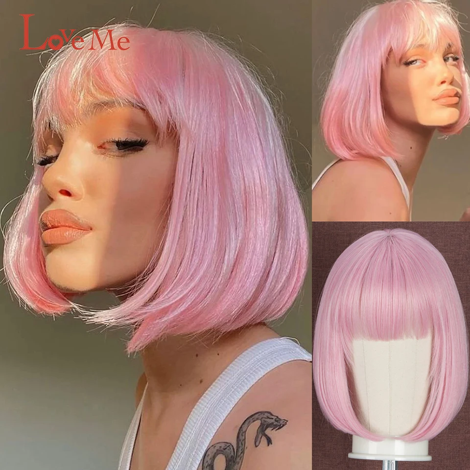 

Короткий Синтетический прямой парик Боб с челкой женские головные парики термостойкие волосы для косплея Лолита розовые парики ежедневный
