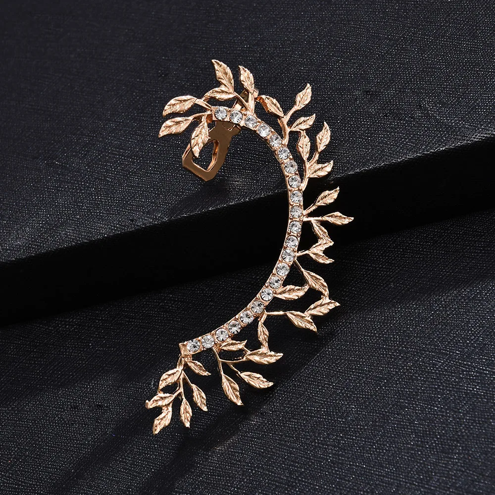 

Leaves Clip on Earrings No Pierced Non Piercing Fashion Gold Leaf Ear Cuff with Rhinestone Crystal Earcuff for Women Jewelry