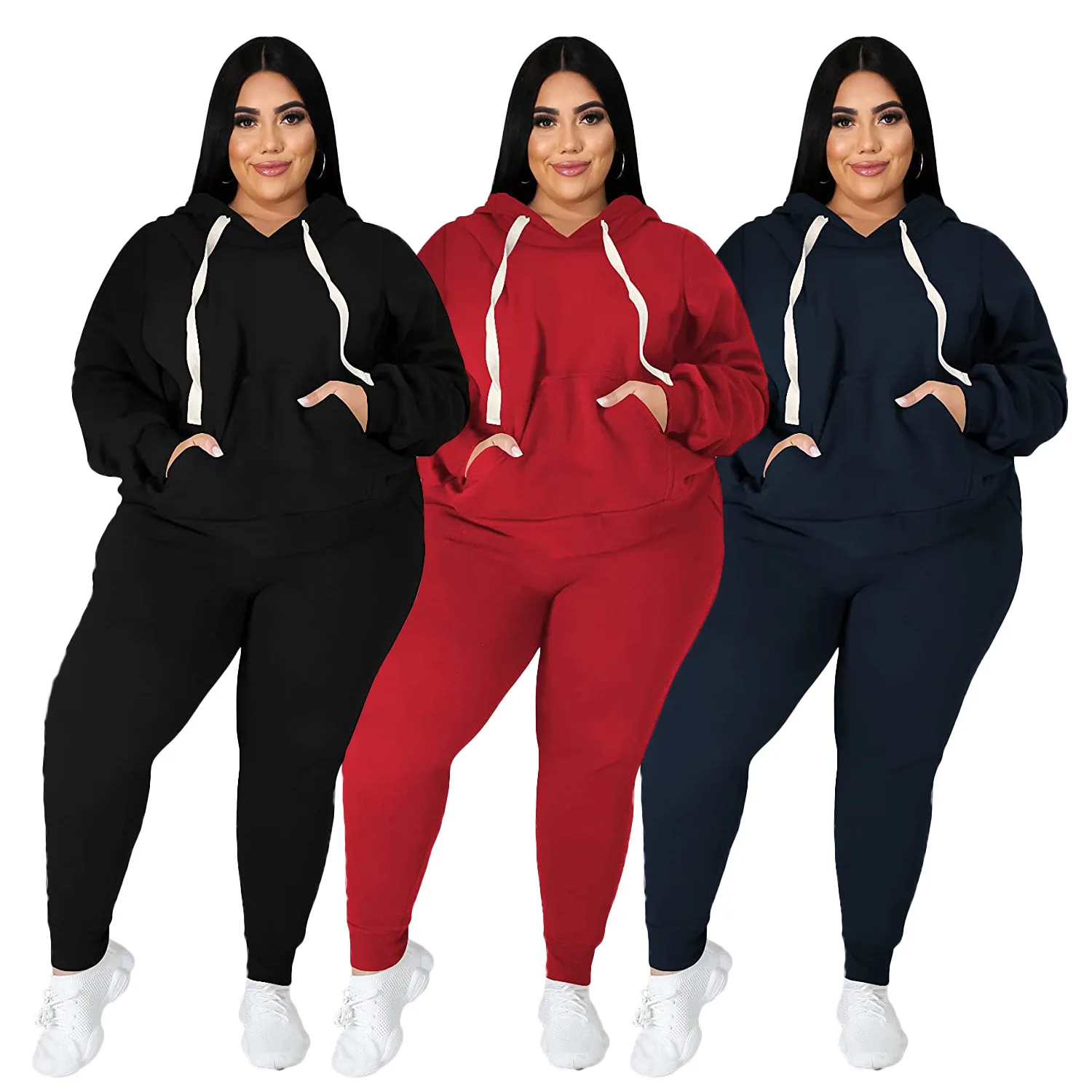 

Plus Size Women Clothing Two Pieces Tracksuits Fashion Pockets Hooded Sweatshirts Pants Casual Outfits Sports 2022 New