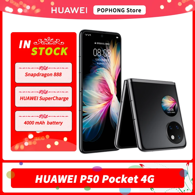 DHL Free HUAWEI P50 Pocket 4G Mobile Phone 6.9'' OLED Folded Screen HarmonyOS 2 Snapdragon 888 4G Octa Core 40MP Triple Camera