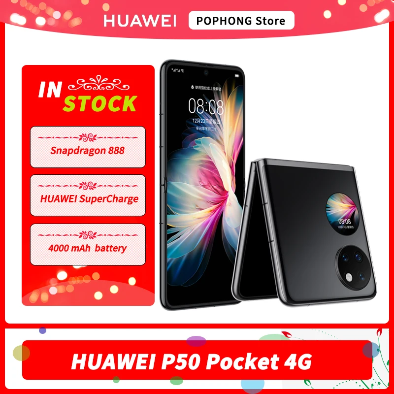 dhl free huawei p50 pocket 4g mobile phone 6 9 oled folded screen harmonyos 2 snapdragon 888 4g octa core 40mp triple camera free global shipping
