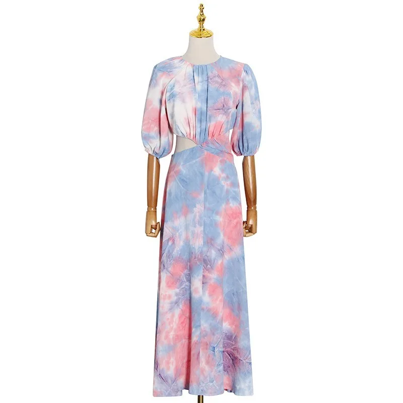 

2021 Spring Summer Bohemian Long Dresses Tie Dye Hollow Out O-neck Women Vestidos Patchwork Slim Waist Elegant Femme Robe 13A173