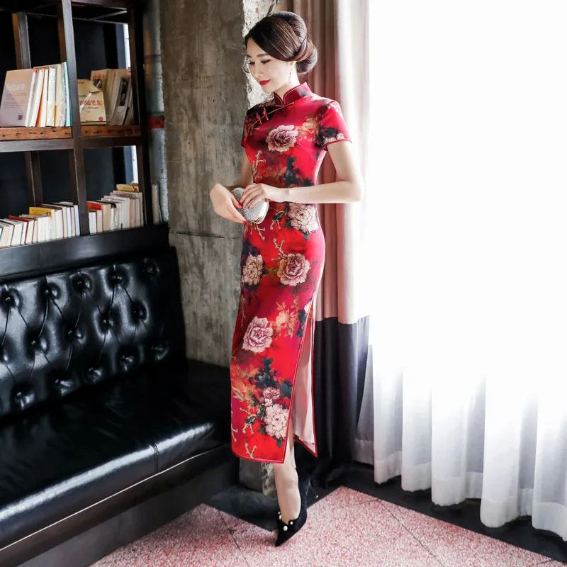 

Novelty Print Flower Elegant Women Qipao Chinese Traditional Classic Mandarin Collar Cheongsam Sexy Slim Long Vestidos Plus Size