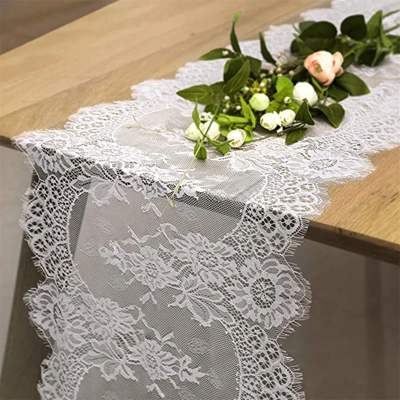 

White Floral Lace Table Runner Floral Table Cover Modern Chair Sash Banquet Baptism Wedding Party Table Decoration 35x300 IBOWS
