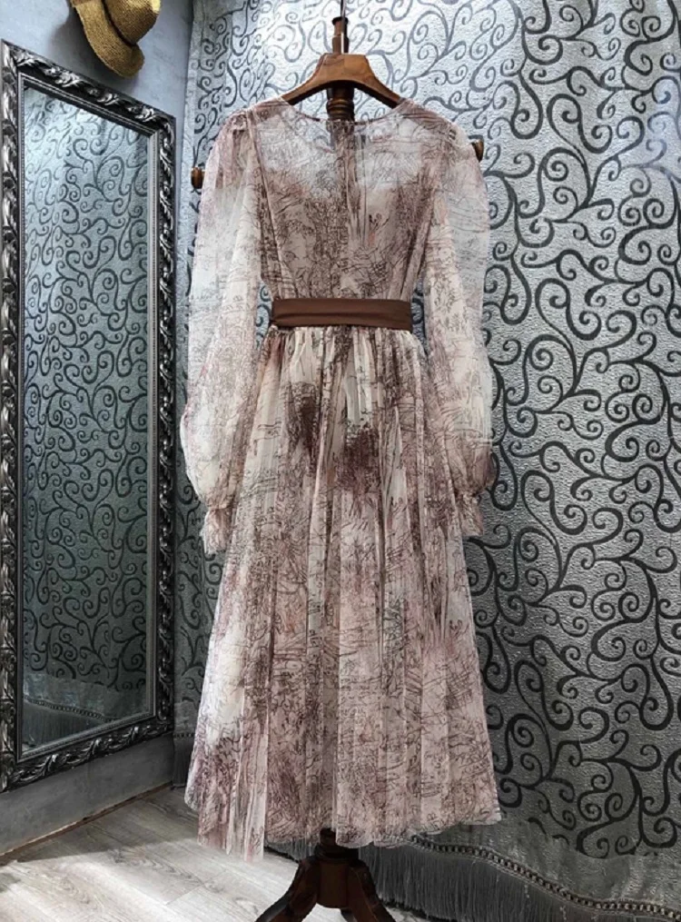 

Top Quality New 2020 Autumn Party Vestidos Women O-Neck Vintage Print Color Block Belt Patchwork Long Sleeve Runway Dress Club