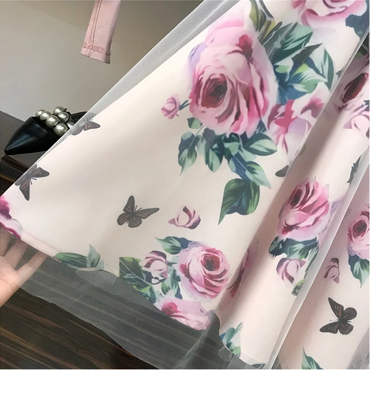 

Vintage Floral Skirt Sets for Elegant Woman Women Irregular T Shirt+Mesh Skirts Suits Bowknot Solid Tops