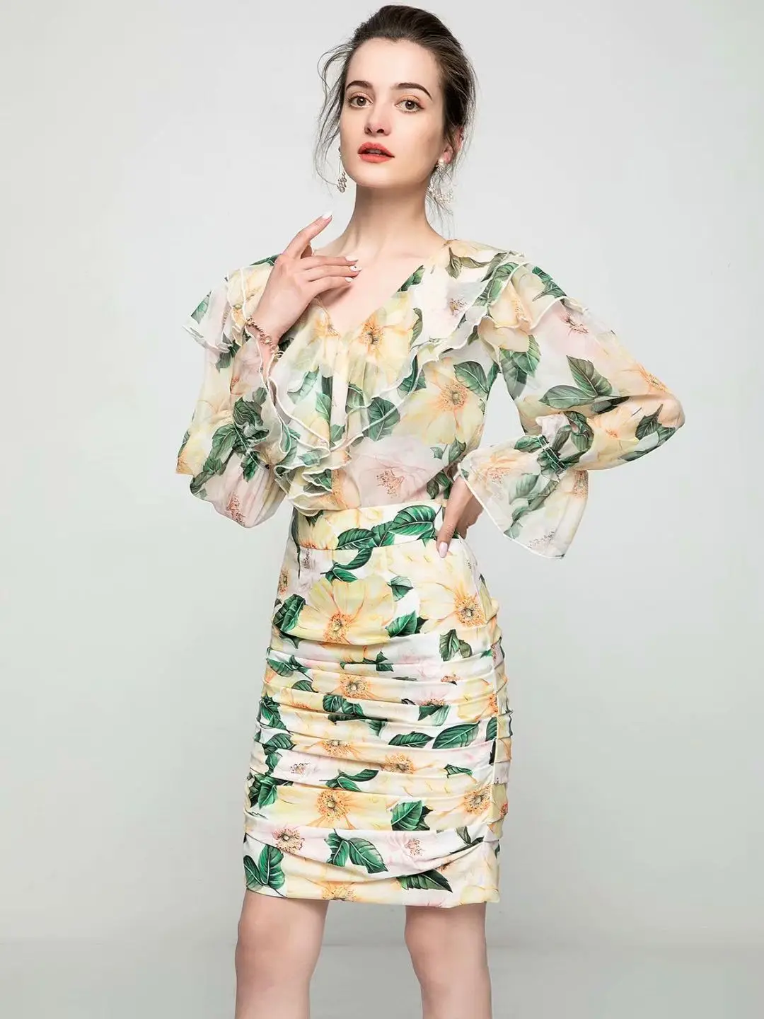 Yellow flower print ruffle collar blouse + frill pencil skirt fashion suit 2021 summer women's ladies elegant