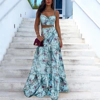 skmy vacation dress suits sexy fashion summer printed sleeveless vest boho top long skirts two pieces sets women clothing
