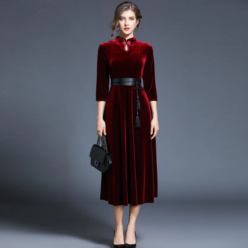 Женское длинное вечернее платье Ципао красное праздничное бархатное макси на