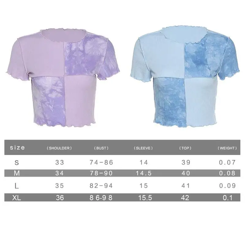 

Women's Short Sleeve T-shirts Tie Dye Ruffle Patchwork Female T-shirt top Summer Tops Neck Clothes de camisetas Crop mujer M8W7