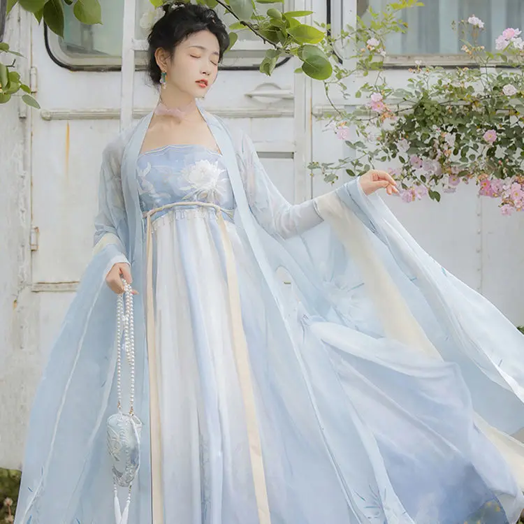 

Hanfu Suit Female Flower Dresses Women's Fairy Embroidered Full Set of Tang Style Ke Zi Skirt with Silk Printing New