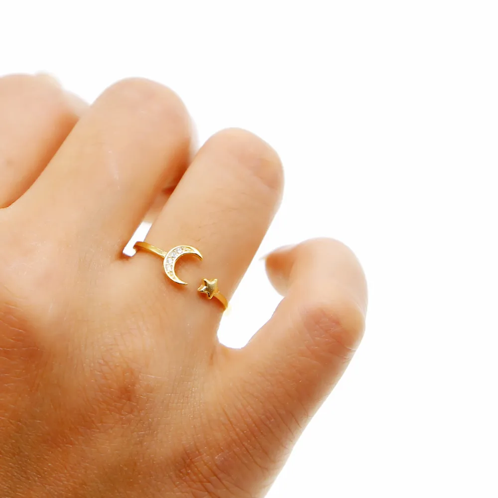 2021 Real 925 Sterling Silver Open Moon Star Rings Delicate Minimal Girl Women Christmas Gift Three Colors Cute Elegance Ring | Украшения и