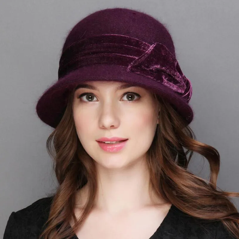 Для женщин шерсти кроличий мех трикотажная шапка Федора модные Винтаж шляпа с