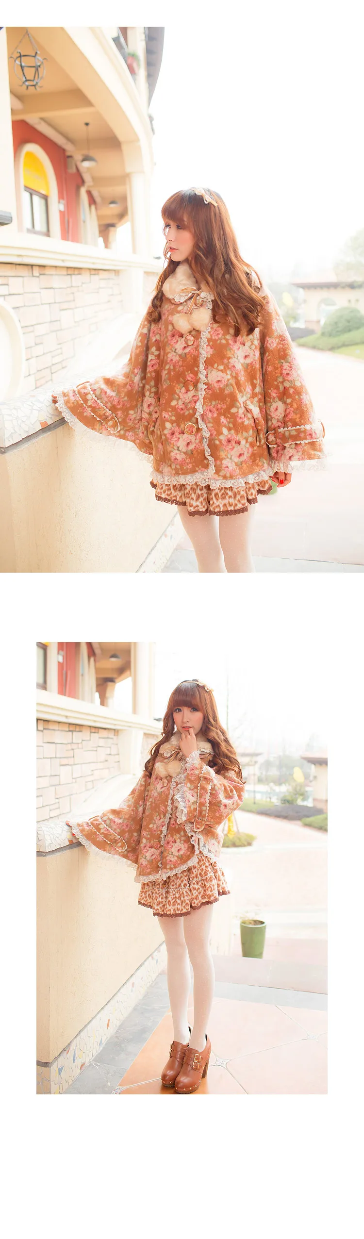 

Japanese Sweet Princess fur collar flower printing lace cape coat girls clock mantle l*z lisa