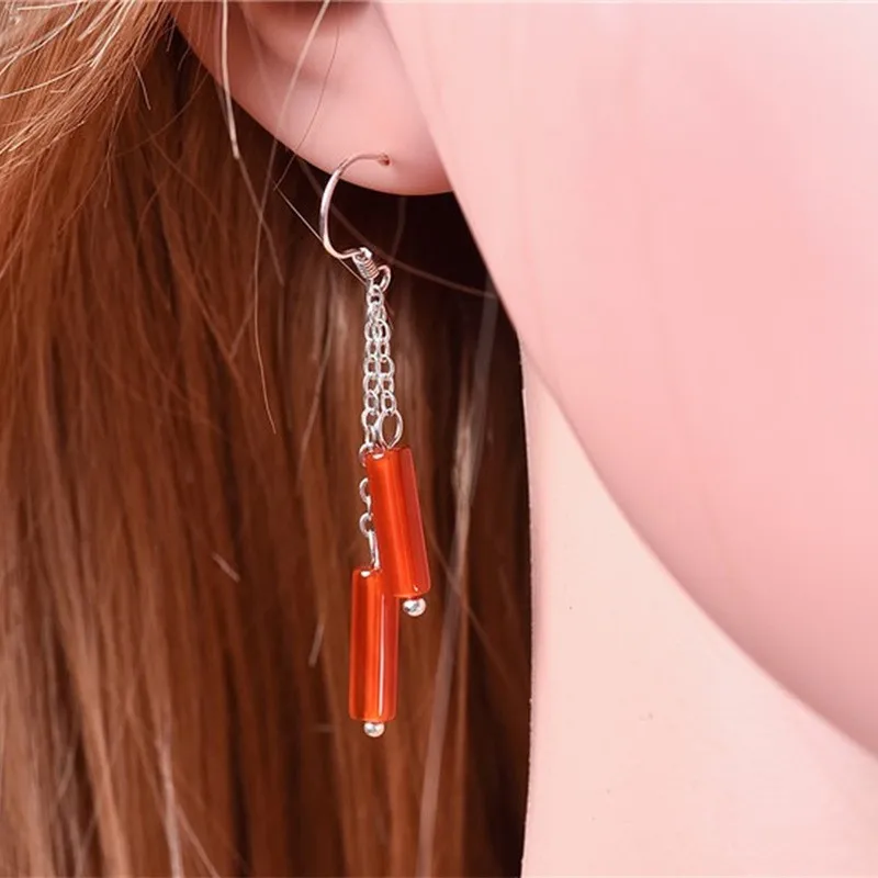 

Natural Red Chalcedony Hand Carved Festive Long Earrings Fashion Boutique Jewelry Women's Red Agate Earrings