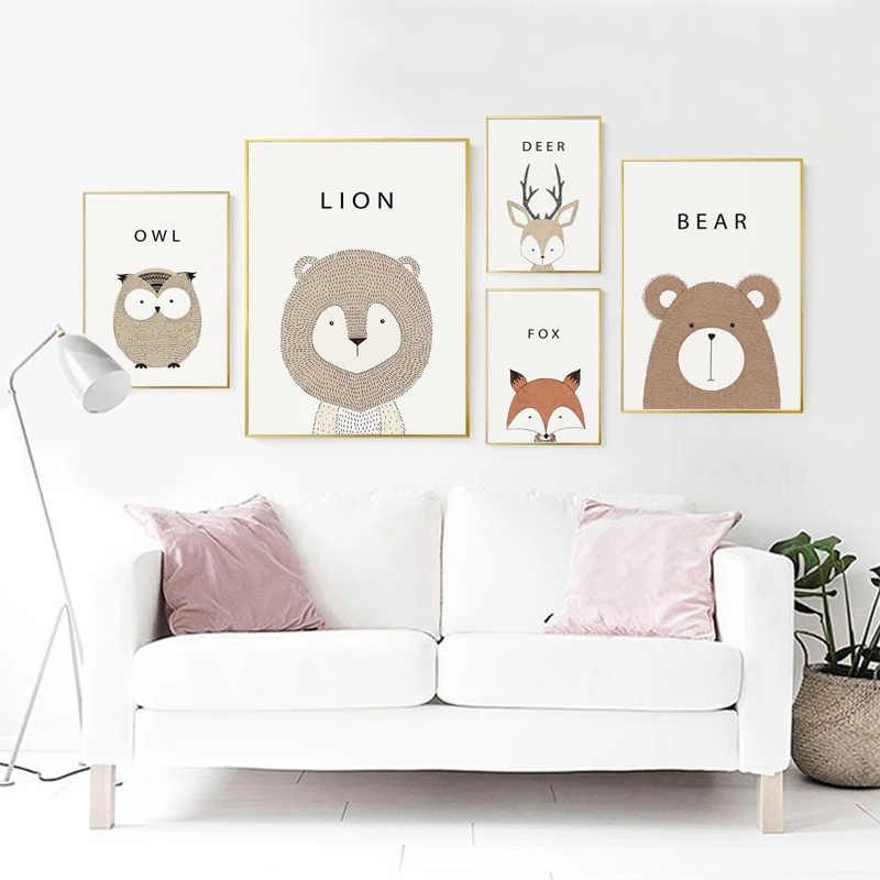 Мультяшные милые животные лисица льва Bearposters Детский Настенный художественный