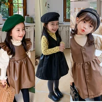 fashion baby girl leather dress ruffle sleeveless toddler girl vest dress pu winter spring fall kid suspender clothes 1 8y