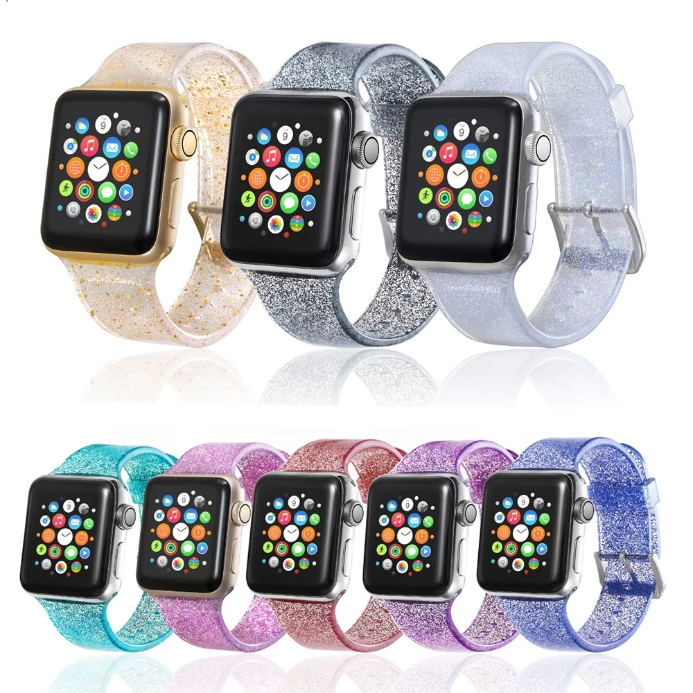 Силиконовый ремешок для наручных часов Apple Watch 38/40/42/44 мм я ремешка для часов Водонепроницаемый прозрачные блестящие Для женщин браслет для серии 4 3 2 1