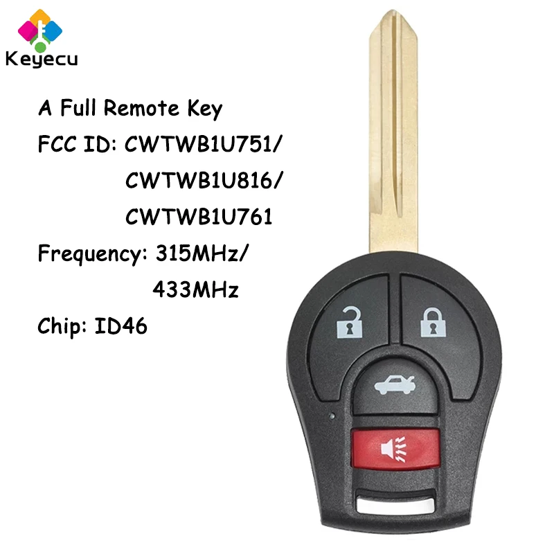 

KEYECU Remote Control Car Key With 3+1 4 Buttons 315MHz 433MHz ID46 Chip Fob for Nissan Sunny Altima Armada 350Z Sentra Maxima