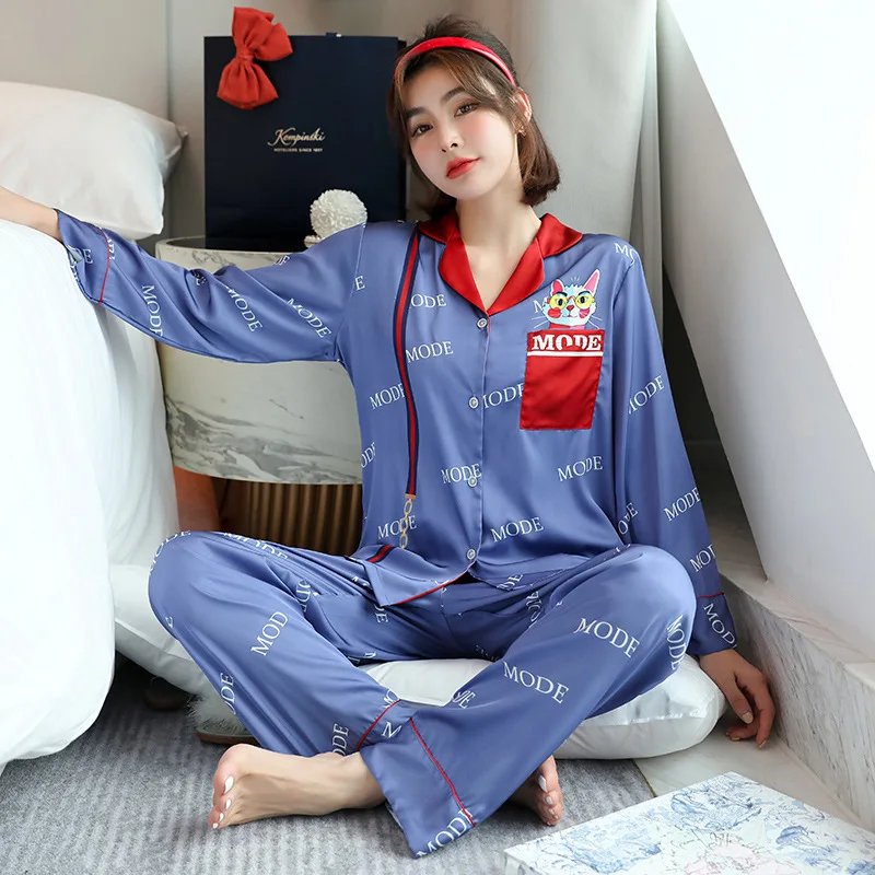 

Spring Autumn Women's Satin Print Pajama Sets Fashion Luxury Female Shirts+Pants Two Pieces Suit Night Sleepwear