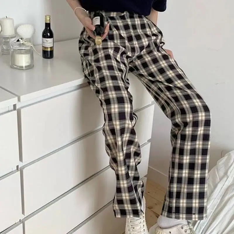 High Waist PlusSize Pants Women Oversize New Korean Style Plaid Pants Spring Fashion Wide Leg Pant Women Lattice Print Chic