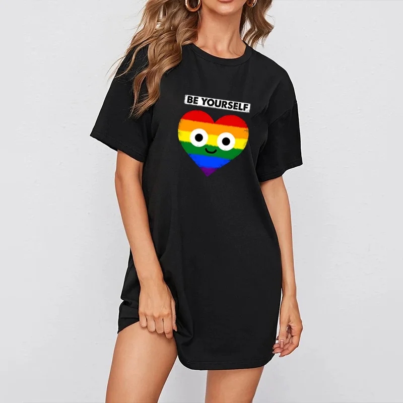 

Plus Size Dress Cute Rainbow Love Print O-Neck Short Sleeve Mini Casual Loose Women Harajuku Tshirt Dresses Female Vestidos