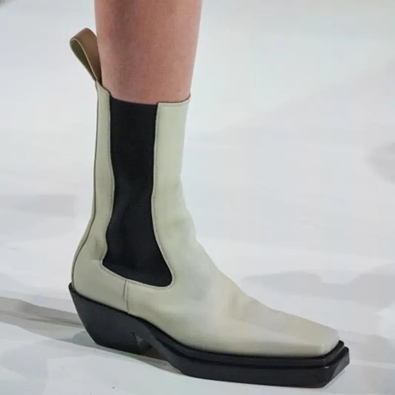

Fashion Square Toe Leather Chelsea Boots Western Winter Chunky Heels Ankle Boots Women Runway Slip On Stretch Causal Boots Shoes
