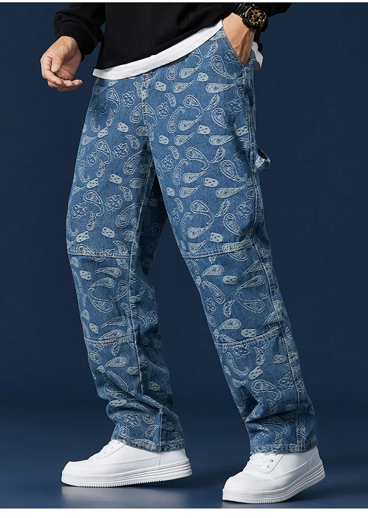 Jeans Men's Spring New Hip-Hop Cashew Print Loose Denim Pants Men Trendy Wide-Legged Plus Size Casual Daddy Trousers