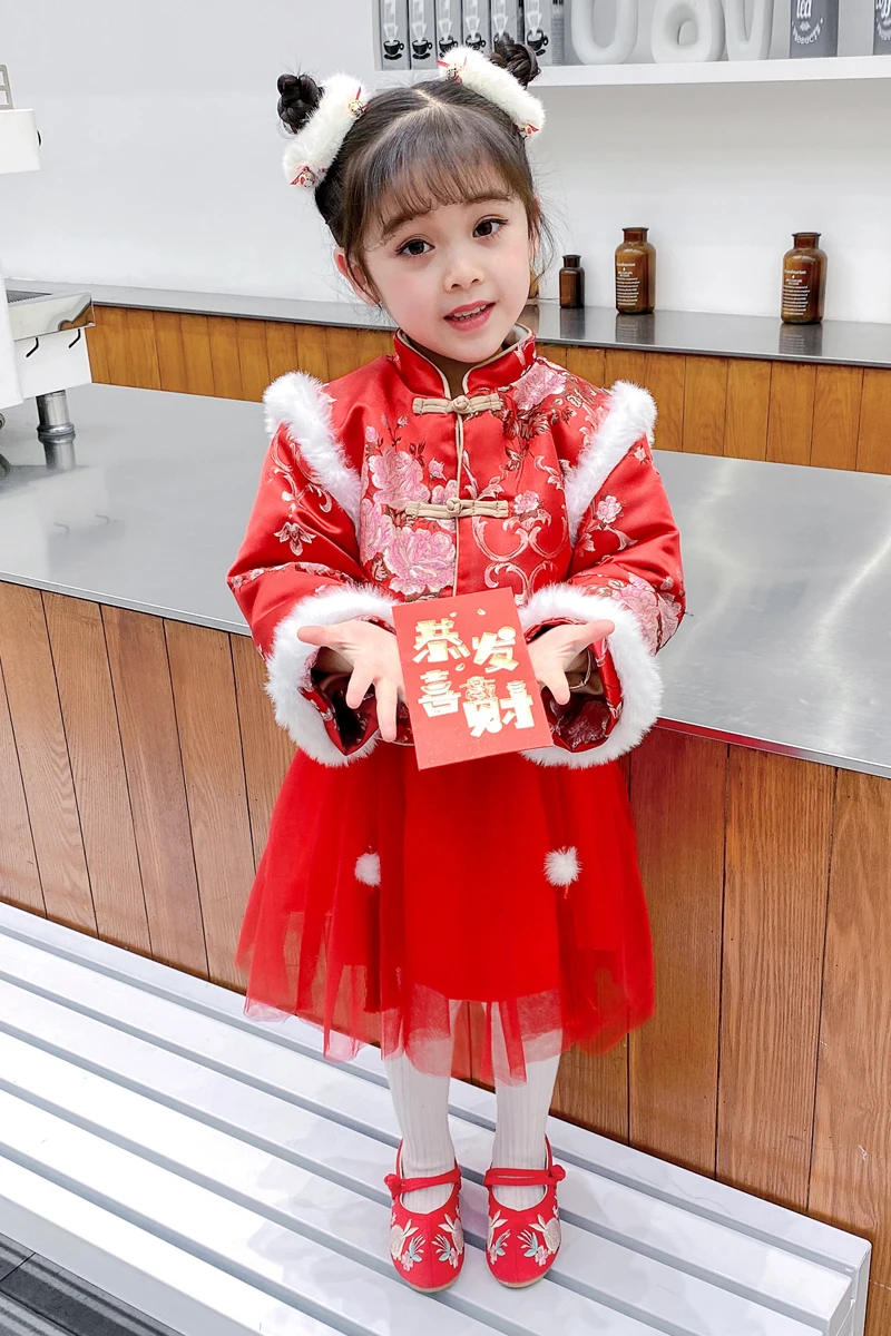 

Traditional Chinese Jacket Dress Costumes Hanfu For Girls Ancient Retro Tang New Year Suit Winter Cheongsam Kimono Toddler Cloth
