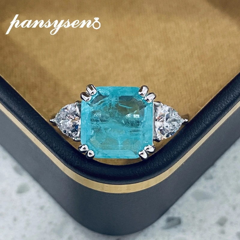 

PANSYSEN 100% 925 Sterling Silver 10MM Paraiba Tourmaline Simulated Moissanite Gemstone Rings Female Anniversary Fine Jewelry