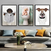 creative wall hanging picture cute dog animal sit on the toilet anime poster and prints no frame bathroom decor painting
