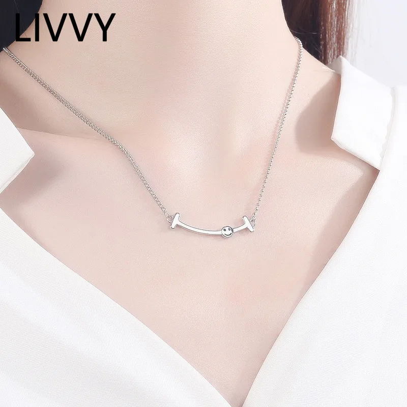 

LIVVY Silver Color Simple Geometry Smiling Face Pendant Necklace Women Simple Clavicle Chain Handmade Birthday Gift