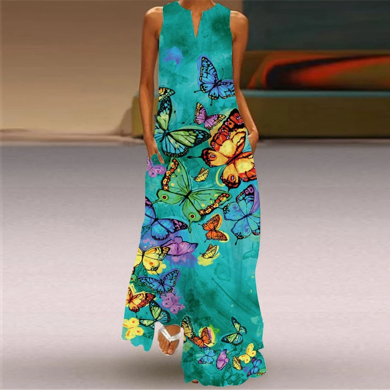 

Summer Long Slim Dresses Sexy Sleeveless V-Neck 3D Printed Tank Long Dress Retro Floral Plus Size Women Beach Dresses Vestidos