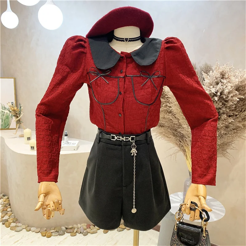 

Новая женская одежда, осень 2021, короткая рубашка с длинным рукавом и кукольным воротником, шикарная рубашка с бантом