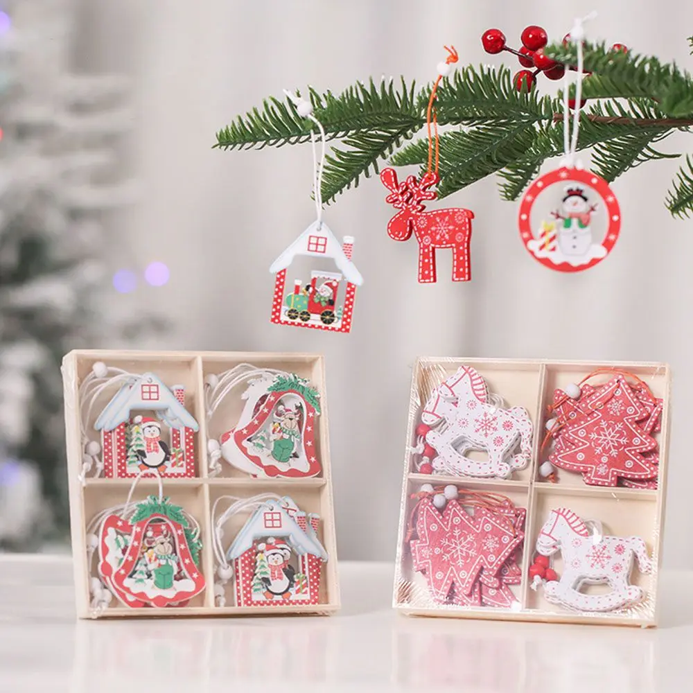 

12 шт./лот DIY Белая и Красная рождественская елка/колокольчики/дом деревянные подвесные украшения для дома Рождественская елка украшения дет...