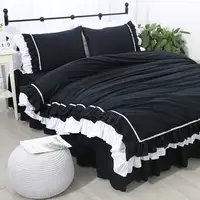 Free shipping 100%cotton Korean princess solid color black gray ruffles bed skirt kit bedding set twin full queen king size YYX