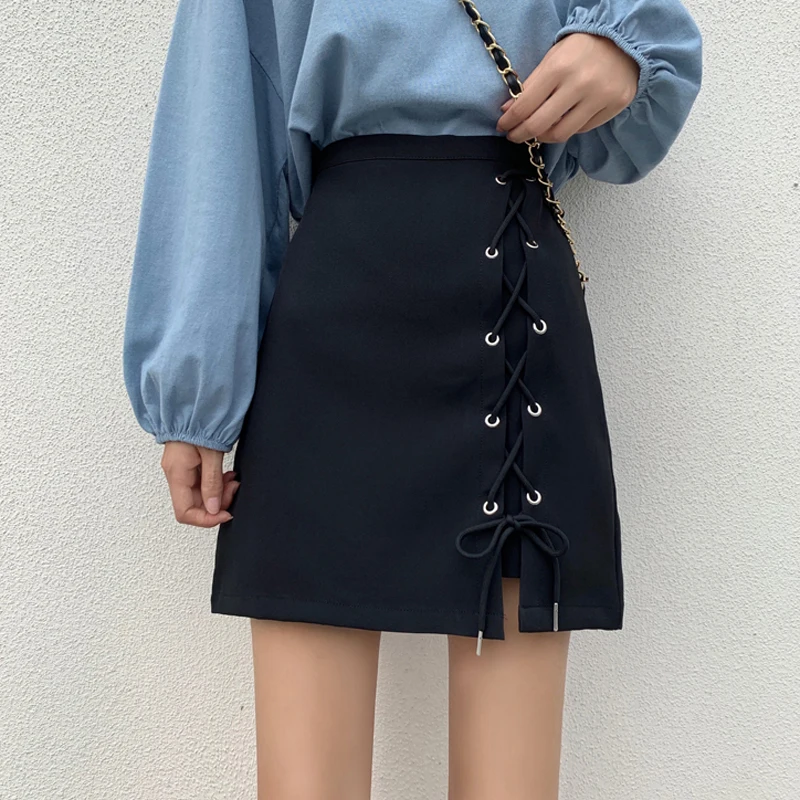 

Xfhh Skirt Korean version of the new bandage high waist was thin solid color fashion wild was thin A-line skirt female