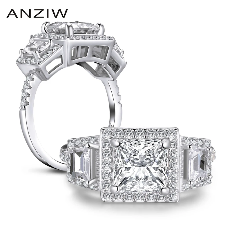 

ANZIW 925 Sterling Silver 1.5 CT Princess Cut Halo Ring Engagement Simulated Diamond Women Wedding Silver Rings Jewelry Gifts