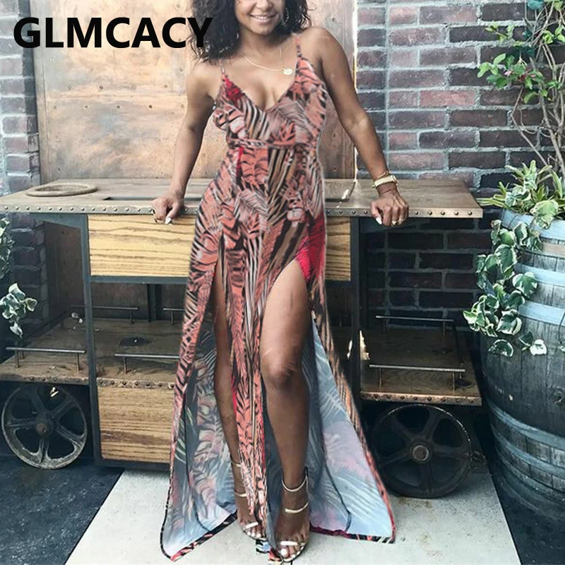 

Spaghetti Strap Leaf Printed High Slit Party Dress