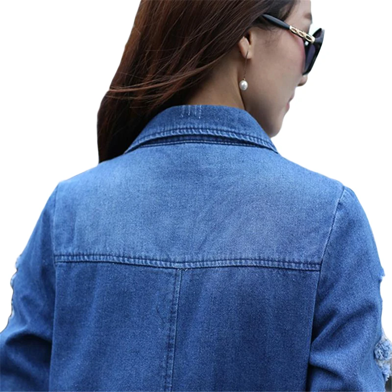 

2019 Autumn Fashion Women Denim Jacket Jeans Top Blouses Coat Casual Long Sleeve Hole Pocket Blue Slim Shirts Tops Large Size