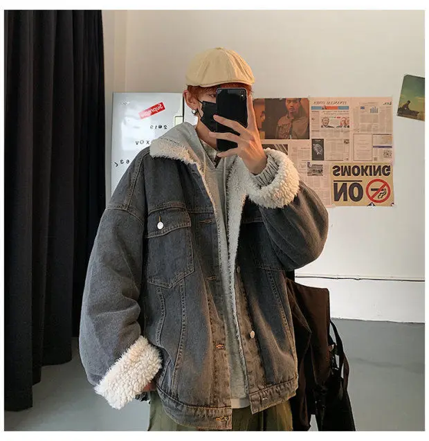 Winter Plus Velvet Thick Denim Jacket Men's Warm Parka Men Fashion Lamb Fur Coat Man Loose Cotton Denim Jacket Male Clothes