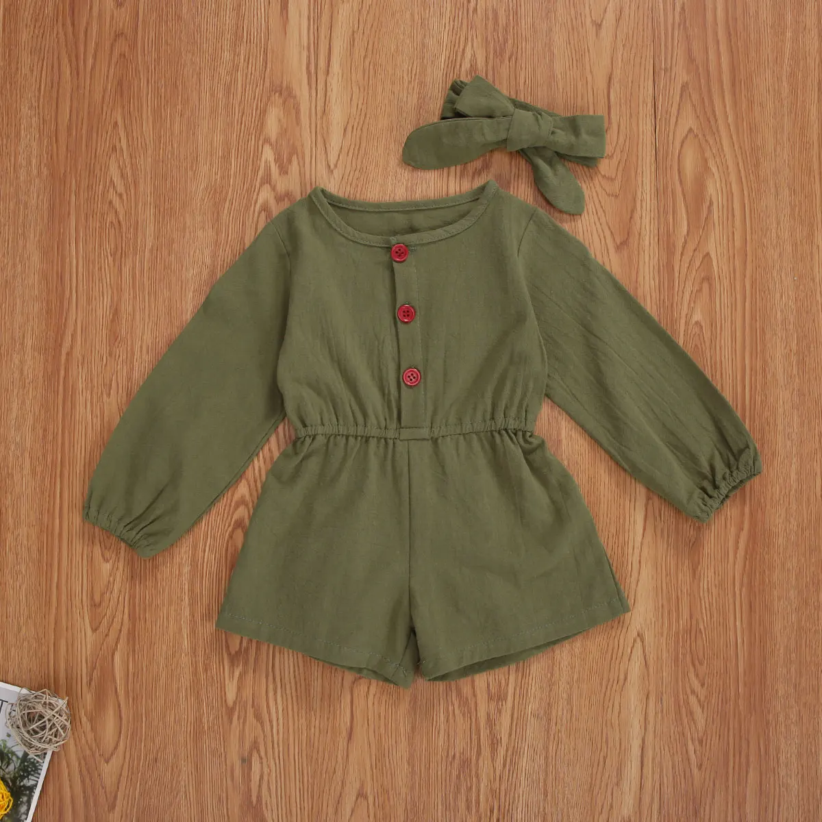 

Casual Infant Baby Girls Fall Outfits Long Sleeve Button Front One Piece Jumpsuit Shorts with Headband Set