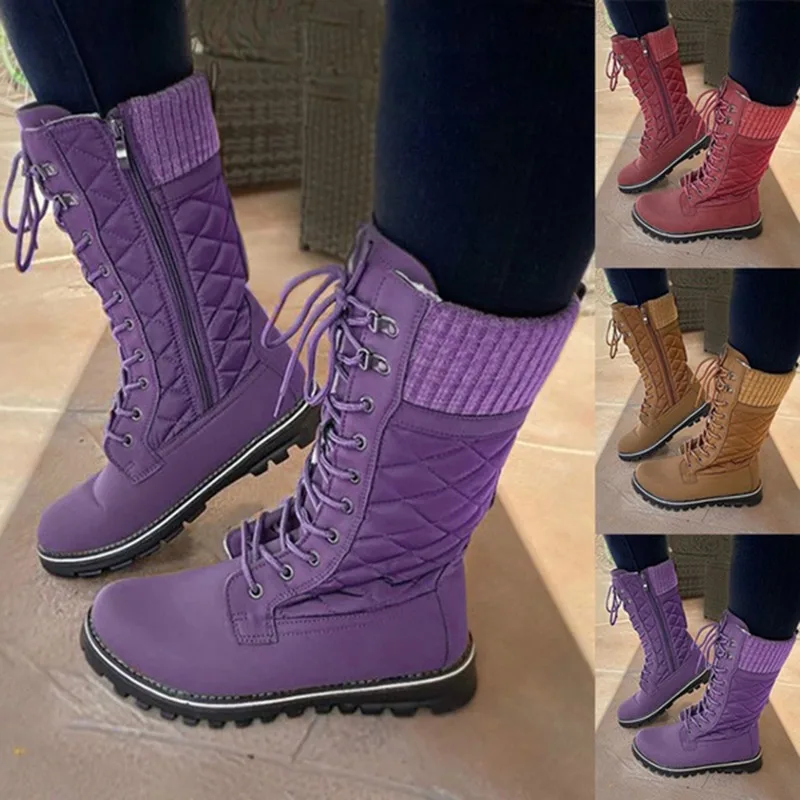 

2021 New Solid Lace UP Snow Boots Autumn and Winter Women's Mid-Tube Flat-heel Side Zipper Round Toe Boots