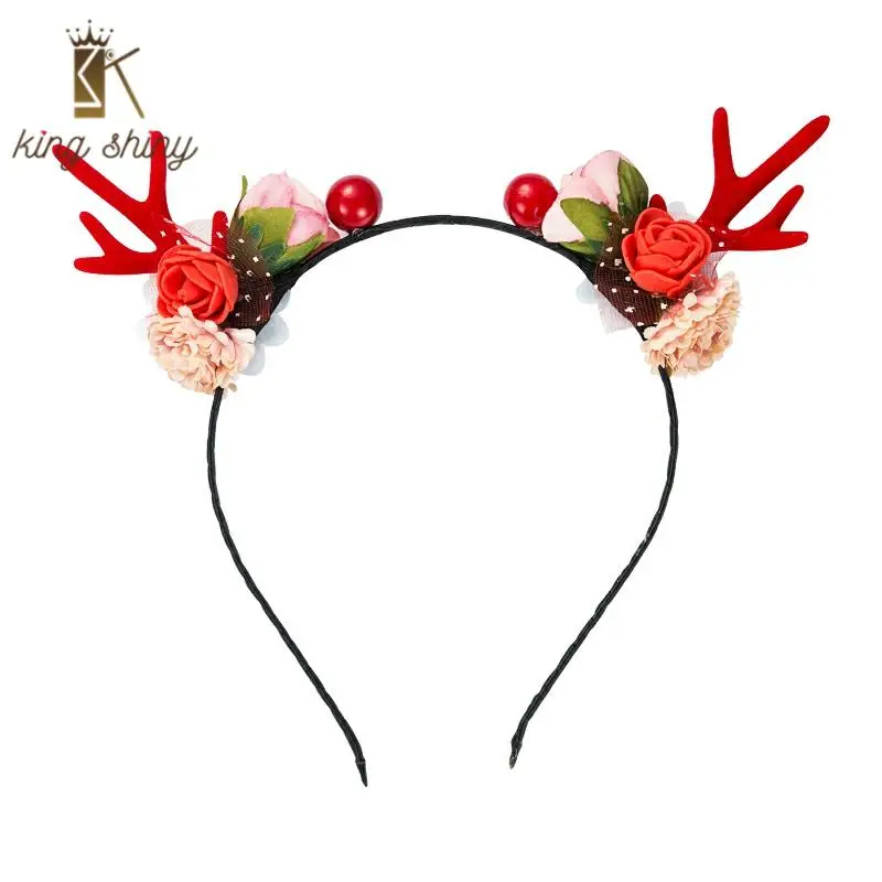 

Elegant Artificial Santa Elk Anltlers Christmas Headband Lovely Simulated Pearl Flower Decoration Hairband Xmas Party Headwear
