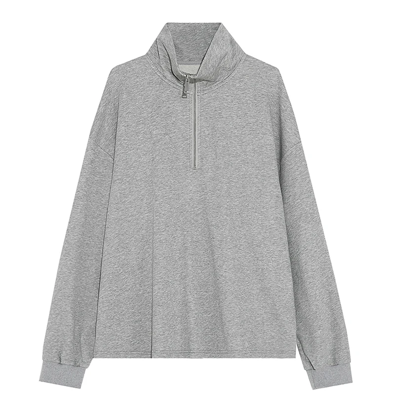 

NSMW MI Hooded Sweatshirts Women New 2021 Spring Autumn Fashion Leisure Cotton Loose Gray With Half Zipper Sweater A3