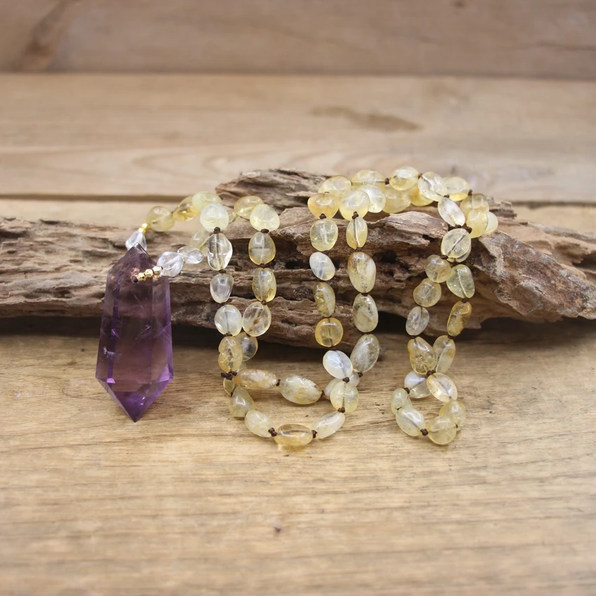 

Faceted Amethysts Double Point Pendant Knotted Handmade Necklace Raw Citrines Yellow Quartz Bead Yoga Mala Prayer Jewelry,QC0144