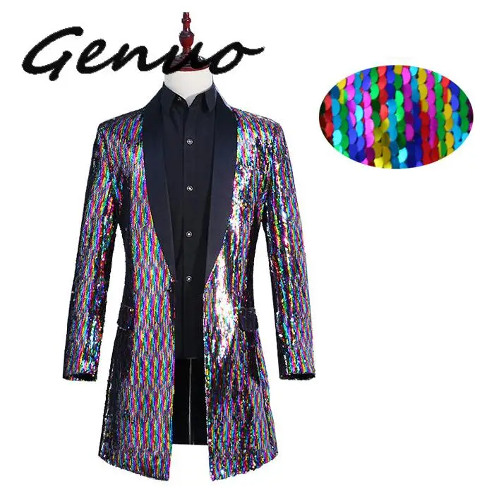 

Genuo Coulorful Sequin Glitter Blazer Jacket Men 2019 Brand Luxury Extra Long Suit Men Nightclub DJ Stage Singer Blazers Homme
